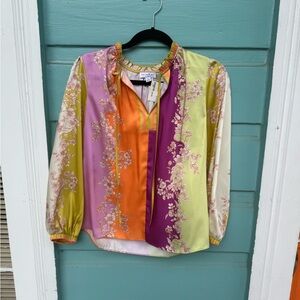 Current Air Yellow and Orange Graphic Blouse with Mandarin Collar